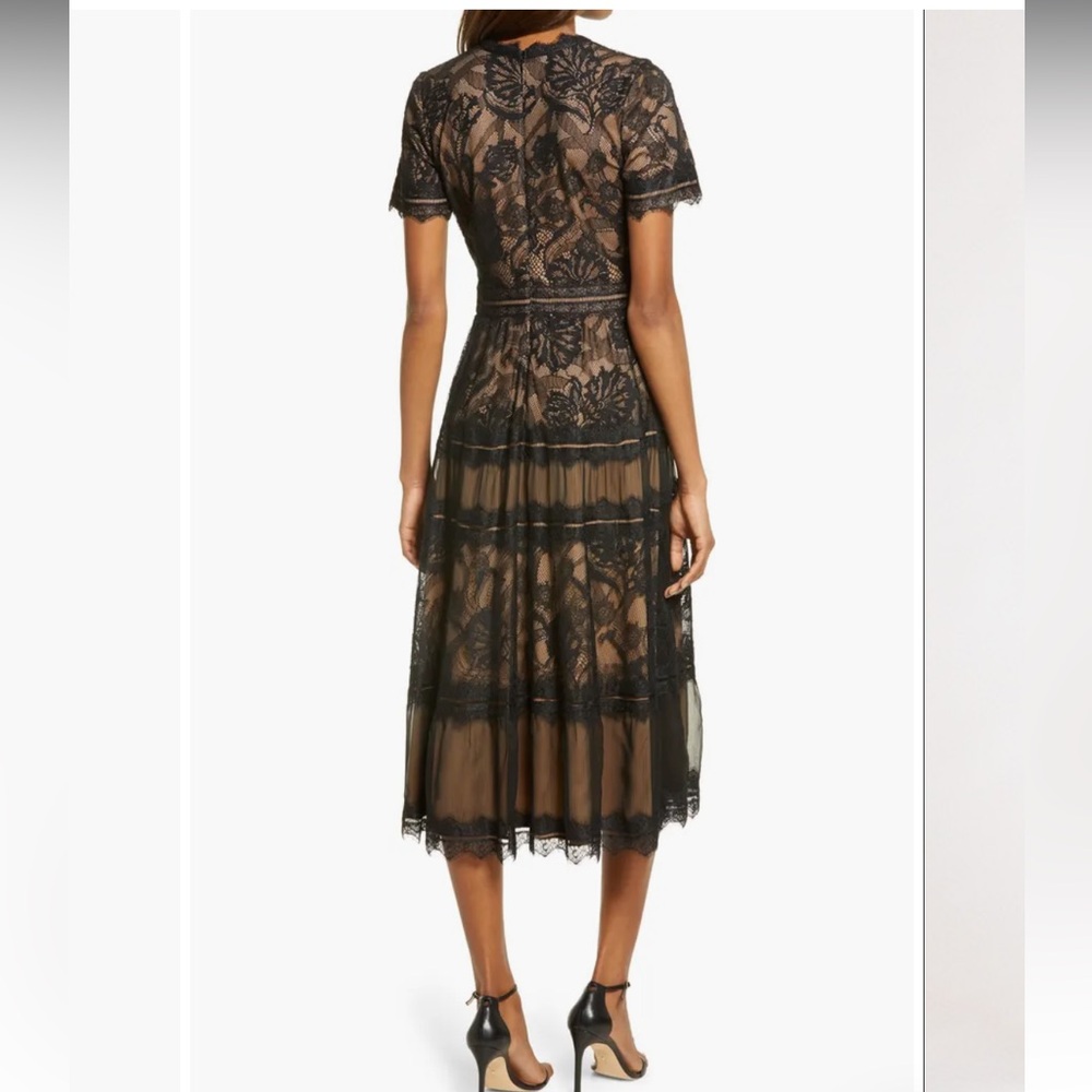 new Tadashi Shoji v neck short sleeve lace mesh cocktail midi dress in black - Picture 3 of 9
